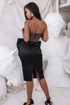 Alexandria Extreme Bow Corset Detail Satin Midi Dress In Black<Lavish Alice Shop