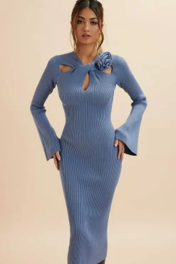 Alia Knitted Ribbed Corsage Midi Dress In Cornflower Blue<Lavish Alice Clearance