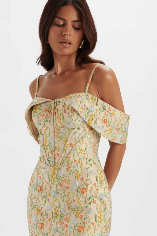 Amia Bardot Sleeve Midi Dress In Floral Jacquard<Lavish Alice Discount