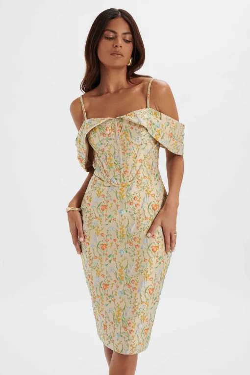 Amia Bardot Sleeve Midi Dress In Floral Jacquard<Lavish Alice Discount
