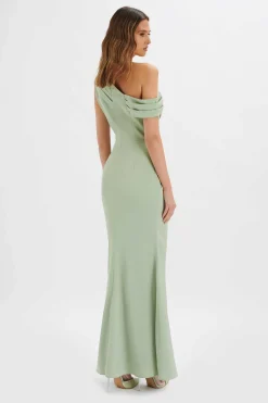 Annabella Satin Asymmetric Drape Maxi Dress In Sage Green<Lavish Alice Fashion