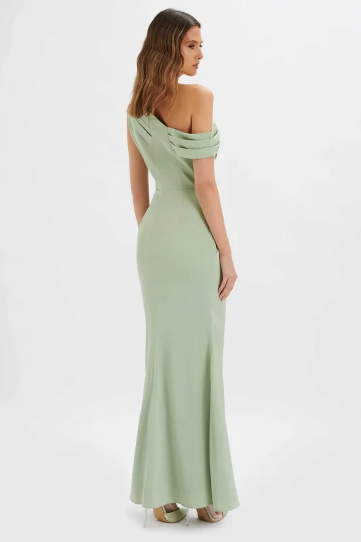 Annabella Satin Asymmetric Drape Maxi Dress In Sage Green<Lavish Alice Fashion