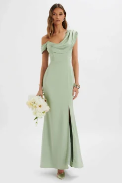 Annabella Satin Asymmetric Drape Maxi Dress In Sage Green<Lavish Alice Fashion
