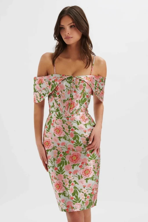 Annalise Bardot Sleeve Corset Midi Dress In Jacquard<Lavish Alice Cheap