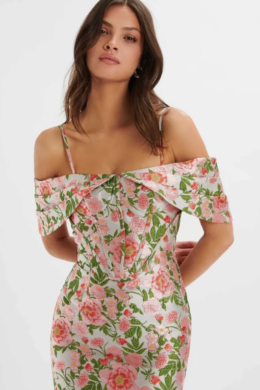 Annalise Bardot Sleeve Corset Midi Dress In Jacquard<Lavish Alice Cheap