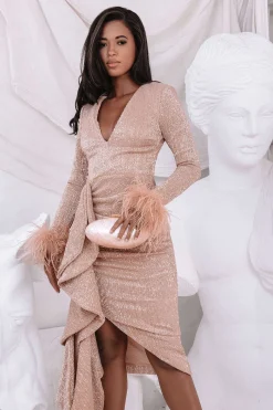 Athena Draped Skirt Pleated Sequin Midi Dress In Gold<Lavish Alice Sale