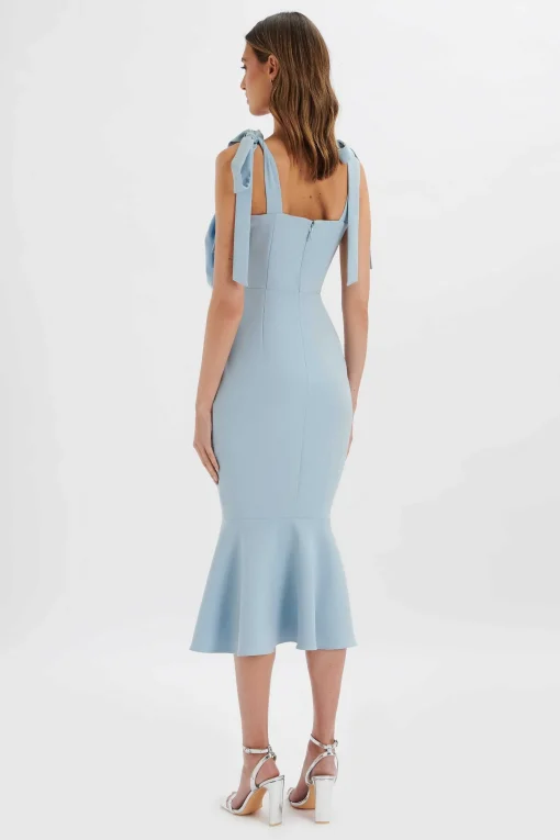 August Flower Detail Tie Strap Micro Button Midi Dress In Cornflower Blue<Lavish Alice Online