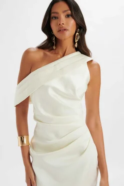 Autumn Pleated One Shoulder Bonded Satin Midi Dress In Ivory<Lavish Alice Fashion