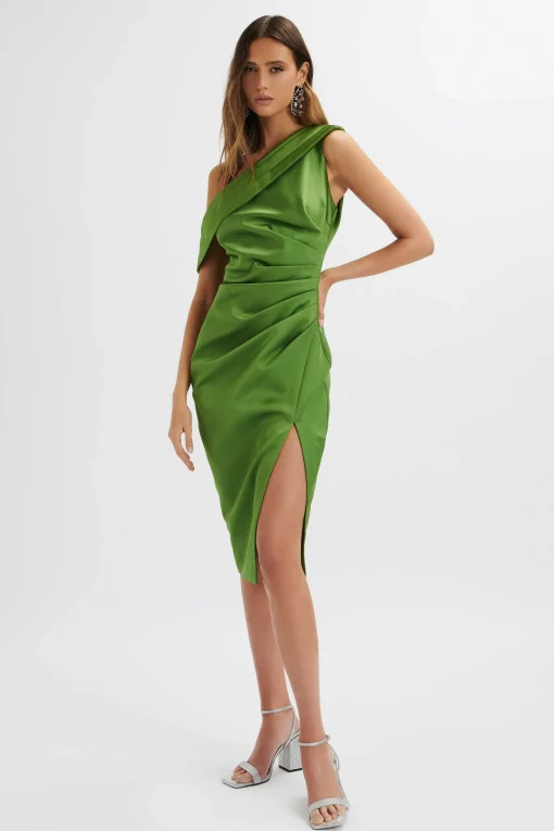 Autumn Pleated One Shoulder Bonded Satin Midi Dress In Green<Lavish Alice Online