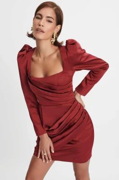 Bailey Puff Sleeve Bonded Satin Mini Dress In Burgundy<Lavish Alice Cheap