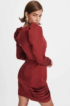 Bailey Puff Sleeve Bonded Satin Mini Dress In Burgundy<Lavish Alice Cheap