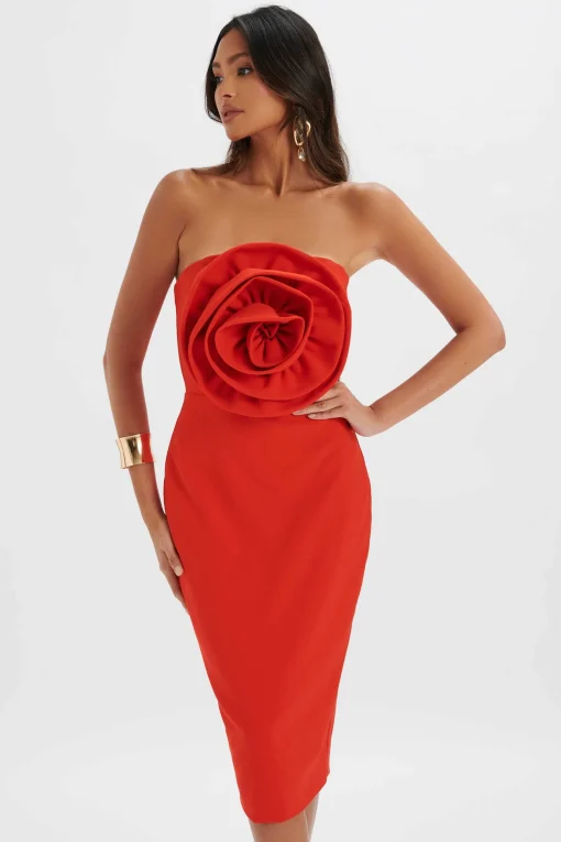 Belle 3D Flower Bandeau Midi Dress In Red<Lavish Alice Outlet