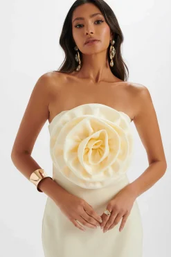 Belle 3D Flower Bandeau Midi Dress In Champagne<Lavish Alice Fashion