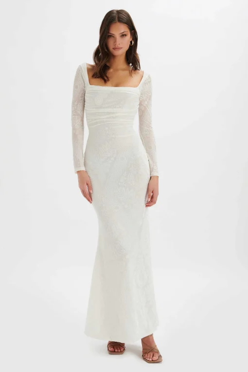 Betsy Burnout Stretch Devore Drape Back Maxi In White<Lavish Alice Cheap