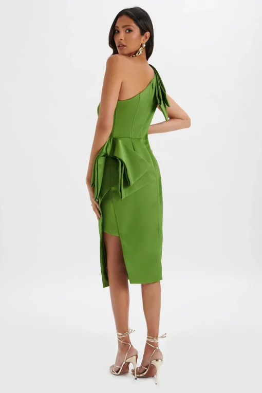 Bloom One Shoulder Bow Detail Satin Midi Dress In Green<Lavish Alice New