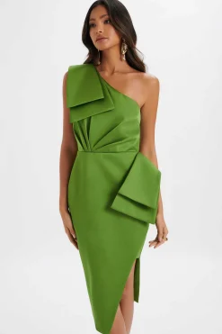 Bloom One Shoulder Bow Detail Satin Midi Dress In Green<Lavish Alice New