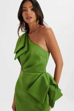 Bloom One Shoulder Bow Detail Satin Midi Dress In Green<Lavish Alice New