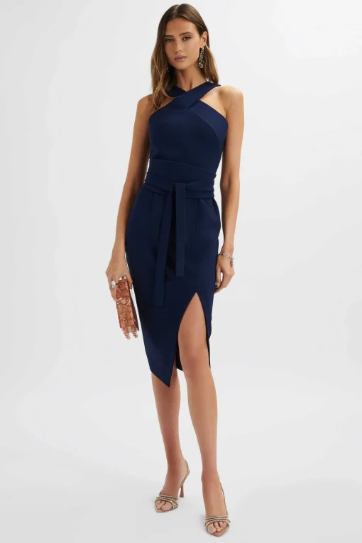 Brielle Obi Belted Halterneck Midi Dress In Navy<Lavish Alice Best Sale