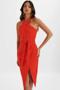 Brielle Obi Belted Halterneck Midi Dress In Red<Lavish Alice Best Sale