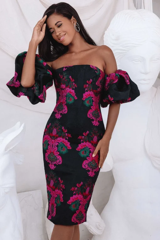 Capri Jacquard Volume Sleeve Bardot Midi Dress In Black<Lavish Alice Discount