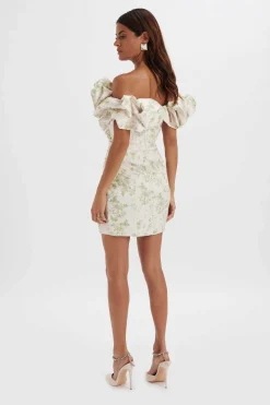 Carrie Bonded Satin Bardot Mini Dress In Green Porcelain Print<Lavish Alice Best
