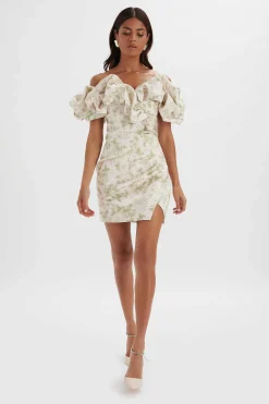 Carrie Bonded Satin Bardot Mini Dress In Green Porcelain Print<Lavish Alice Best