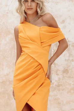 Celine One Shoulder Pleat Detail Midi Dress In Orange<Lavish Alice Outlet