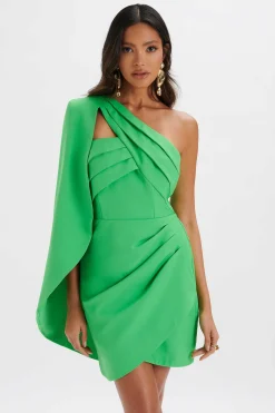 Charlotte Pleated One Shoulder Cape Mini Dress In Green<Lavish Alice New
