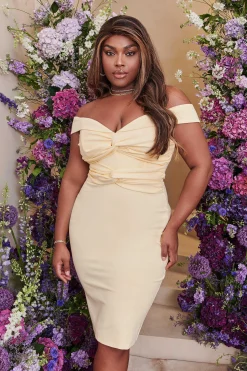 Claire Curve Off Shoulder Twist Ponte Midi Dress In Butter<Lavish Alice Online