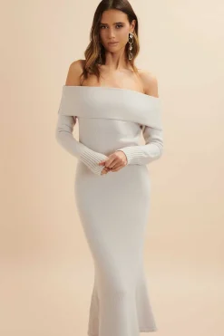 Clover Knitted Wool Bardot Midi Dress In Stone<Lavish Alice Store