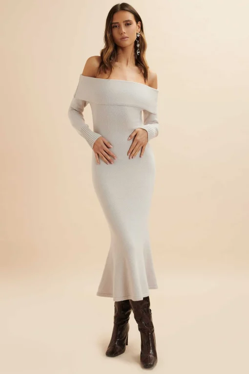 Clover Knitted Wool Bardot Midi Dress In Stone<Lavish Alice Store