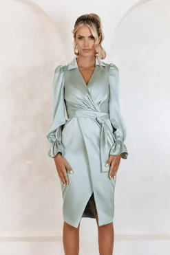 Elise Satin Wrap Shirt Dress In Sage<Lavish Alice Shop
