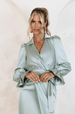 Elise Satin Wrap Shirt Dress In Sage<Lavish Alice Shop