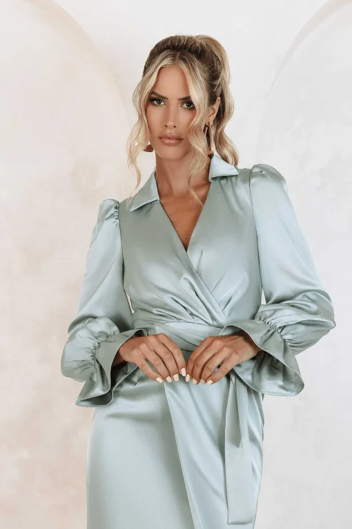 Elise Satin Wrap Shirt Dress In Sage<Lavish Alice Shop