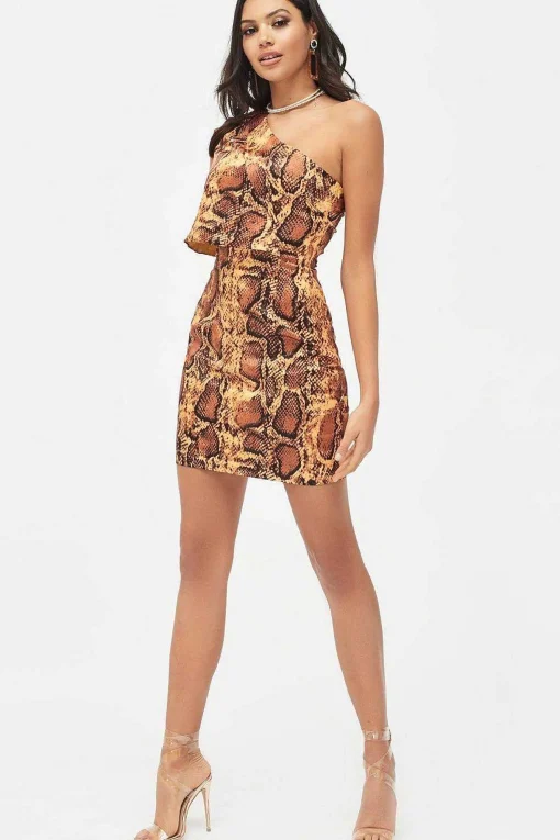 Emilia Satin One Shoulder Cape Mini Dress In Golden Yellow Snake Print<Lavish Alice Store