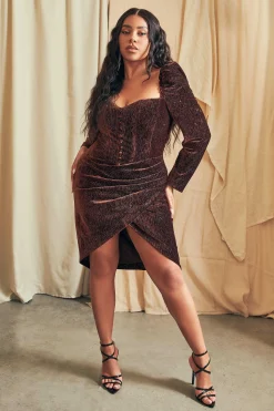 Esme Curve Diamante Velvet Puff Sleeve Midi Dress In Chocolate<Lavish Alice Shop