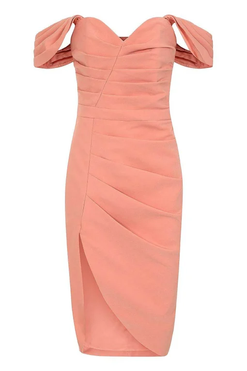Hailey Pleated Bardot Midi Dress In Coral<Lavish Alice Online