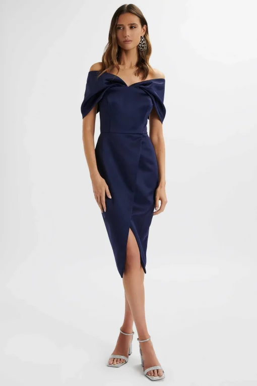 Harleen Draped Bardot Bonded Satin Midi Dress In Navy<Lavish Alice Cheap