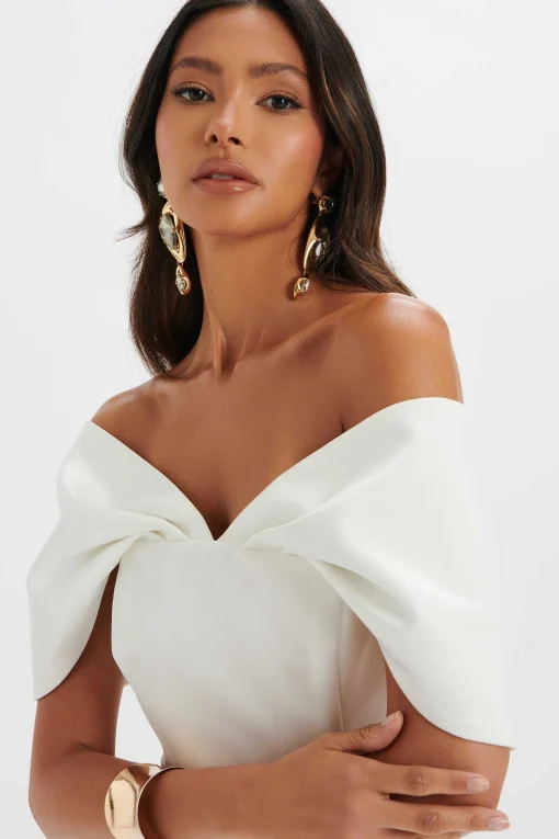 Harleen Draped Bardot Bonded Satin Midi Dress In White<Lavish Alice Fashion