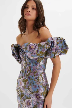 Harlow Jacquard Corset Puff Sleeve Midi Dress In Blue Purple<Lavish Alice New