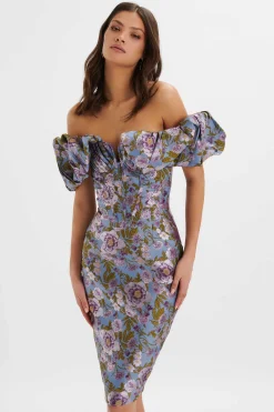 Harlow Jacquard Corset Puff Sleeve Midi Dress In Blue Purple<Lavish Alice New