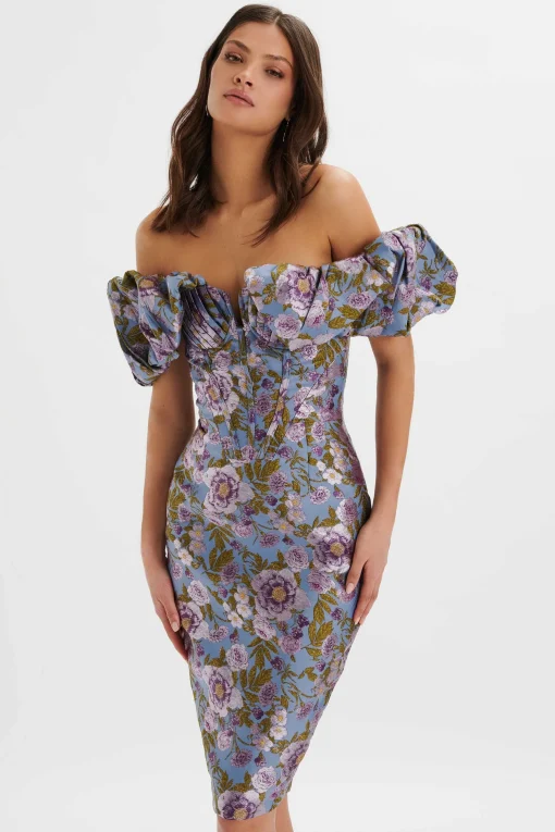 Harlow Jacquard Corset Puff Sleeve Midi Dress In Blue Purple<Lavish Alice New