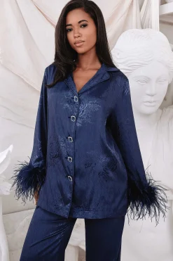 Helen Feather Trim Satin Jacquard Pyjama In Navy<Lavish Alice Clearance