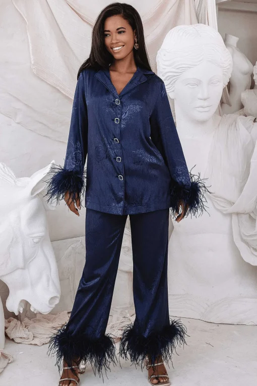 Helen Feather Trim Satin Jacquard Pyjama In Navy<Lavish Alice Clearance
