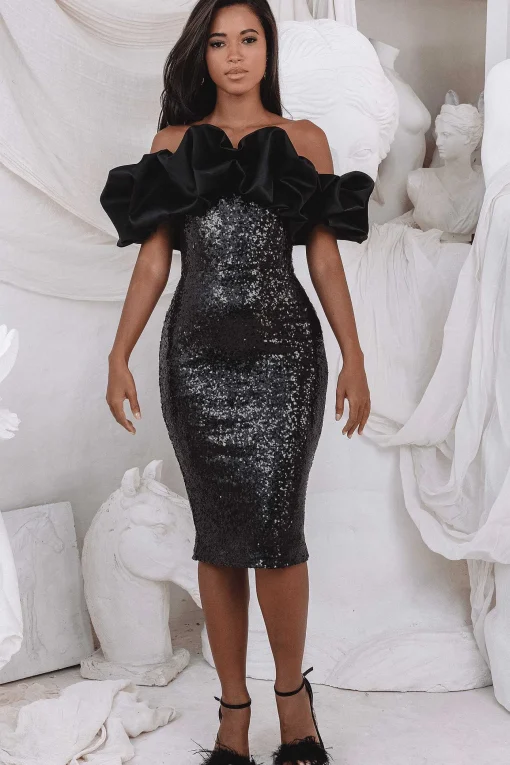 Hera Satin Puff Bardot Sequin Midi Dress In Black<Lavish Alice Online