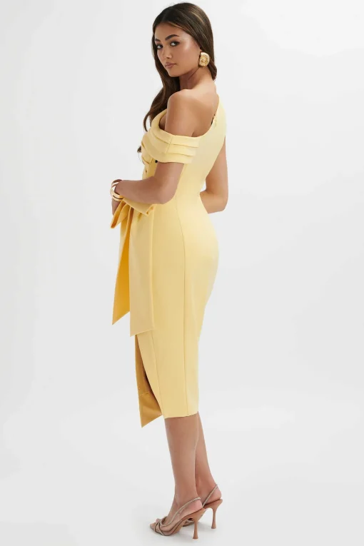 Honey Asymmetric Pleated Bow Midi Dress In Pastel Yellow<Lavish Alice Flash Sale