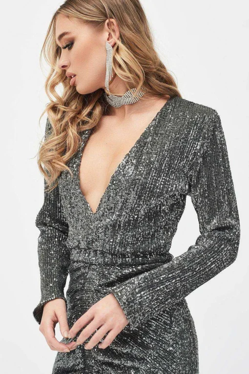 Jade Ruched Sequin Mini Dress In Grey Sequin<Lavish Alice Outlet