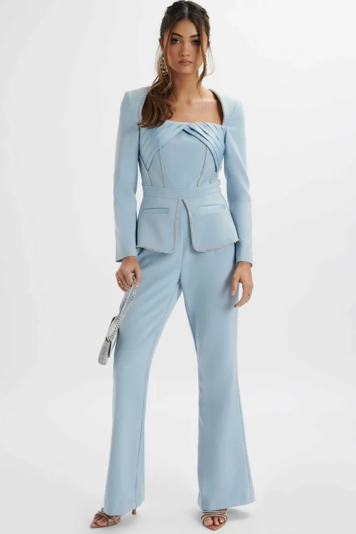 Jessie Diamante Trim Tailored Jumpsuit In Pastel Blue<Lavish Alice Best Sale