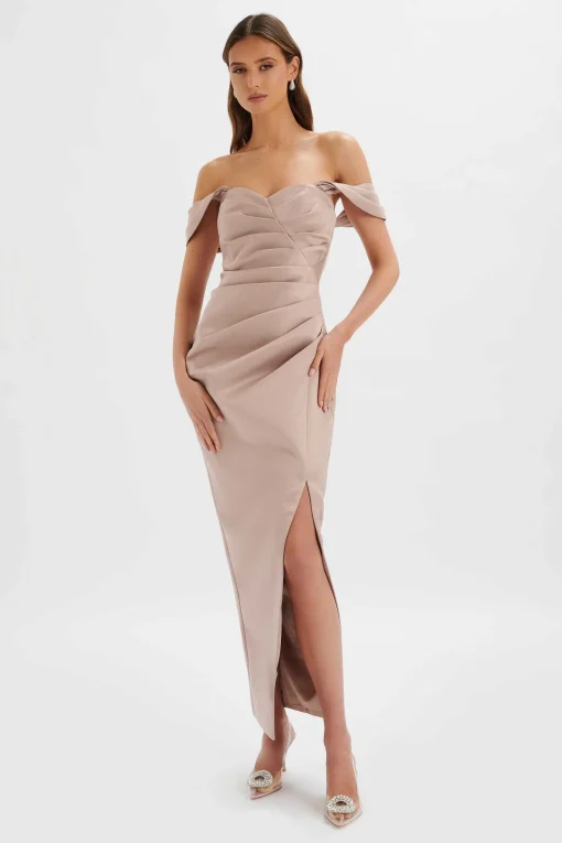 Kaitlin Bonded Satin Off Shoulder Maxi Dress In Mink<Lavish Alice Flash Sale