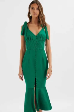 Kamila Tie Strap Micro Button Satin Midi Dress In Emerald Green<Lavish Alice Shop